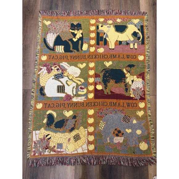 Farm Animal Woven Tapestry Throw Blanket Fringed  63" x 48" Bunny Cow Chicken Vt - Picture 4 of 6